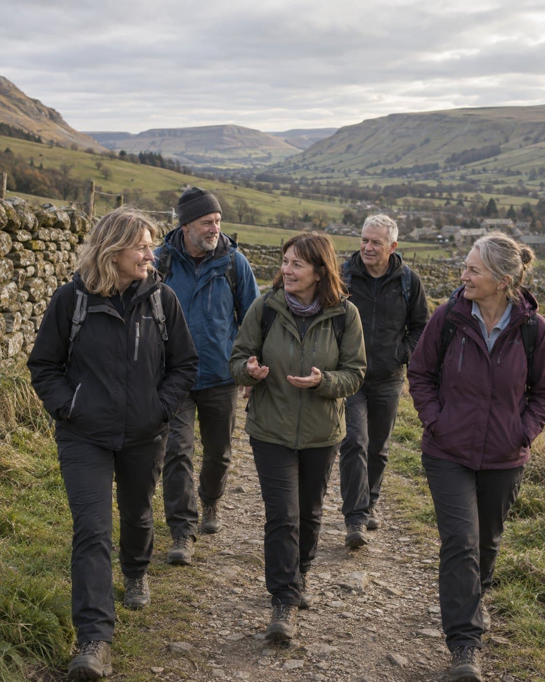 Five walkers on a stone path above the valley