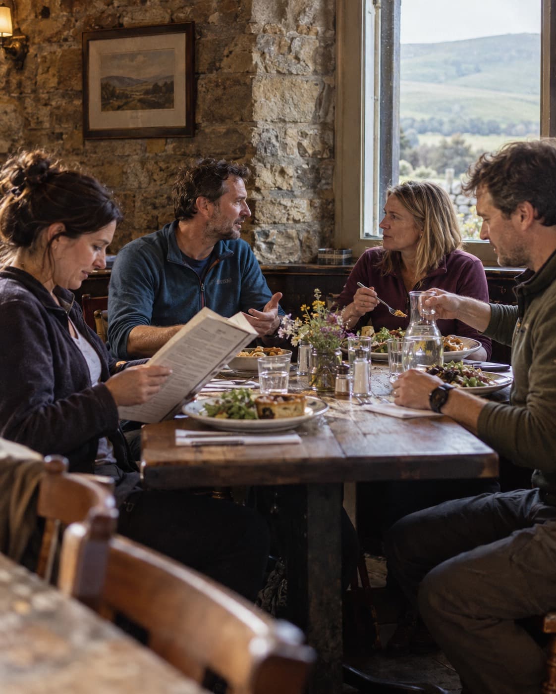 Four friends over lunch at a window table, with the hills outside
