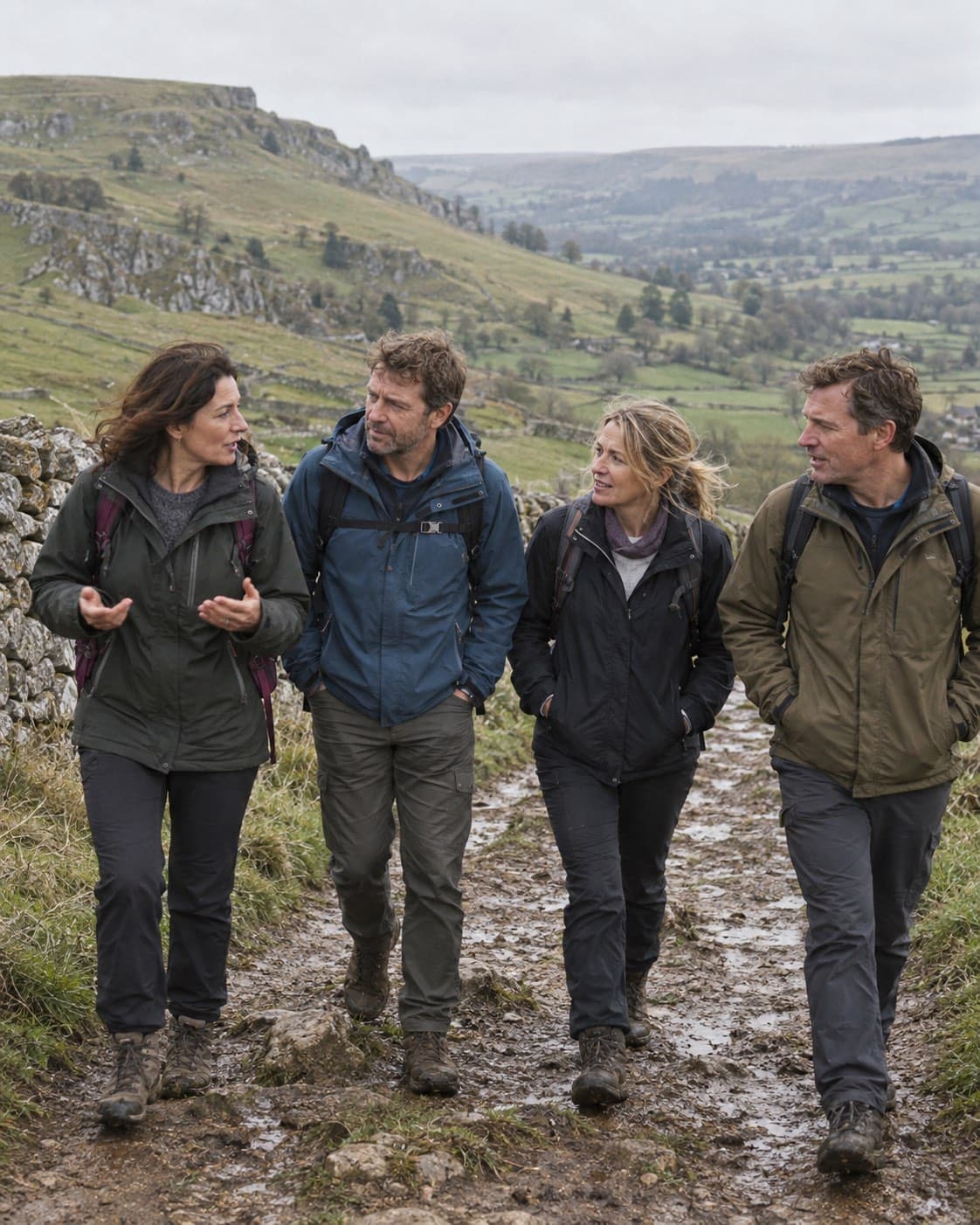 Four walkers side by side on a track above the valley, mid-conversation