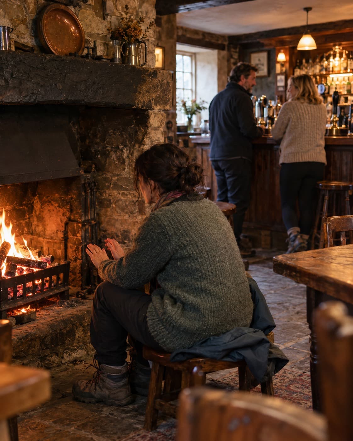 A walker warming their hands at the open fire, with the bar behind