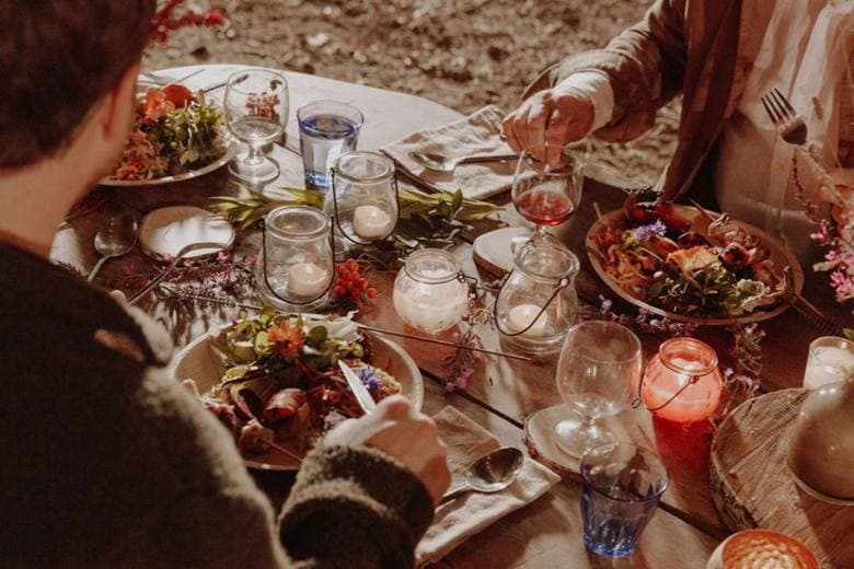 A shared meal at a long table